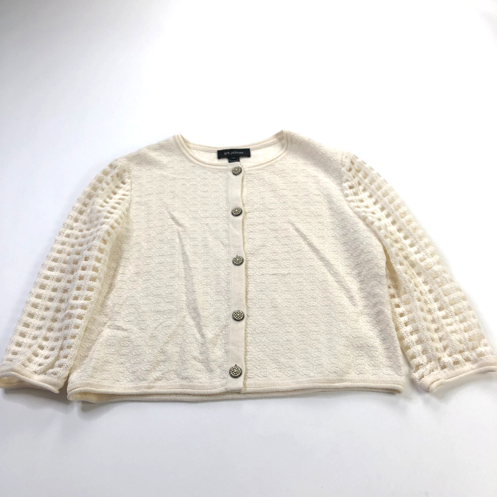 St. John Medium Wool Rayon Button Eyelet Cardigan Sweater Ivory PLS READ Damaged